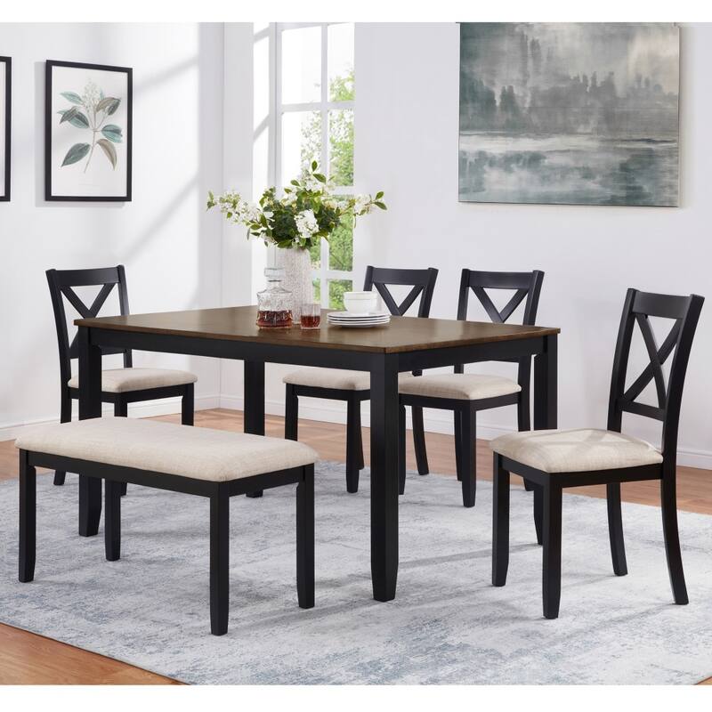 Modern 6-piece Wooden Dining Table Set with Bench and 4 Chairs - Oak