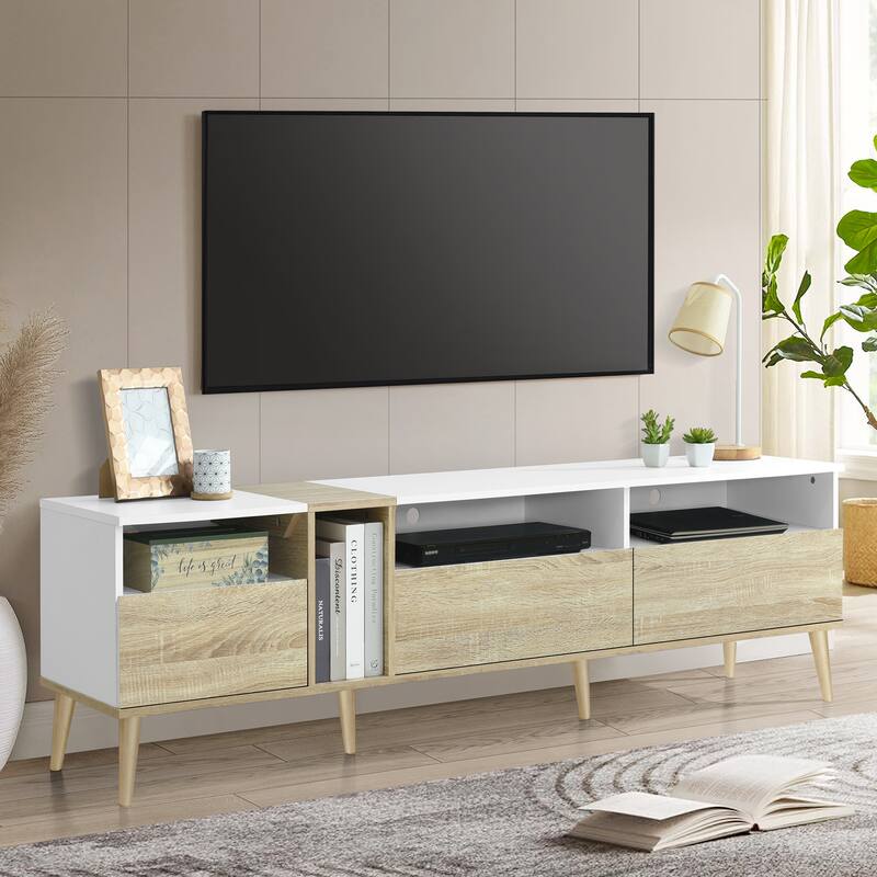 Anmytek Modern TV Stand Minimalist Entertainment Center with Storage Cabinets Media Console Wood Look White TV Stand