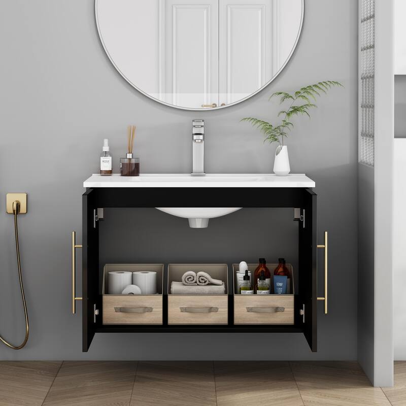 30-Inch Gloss Wall-Mounted Bathroom Vanity with Double Doors, Soft-Close Hangers,Long Gold Metal Handle