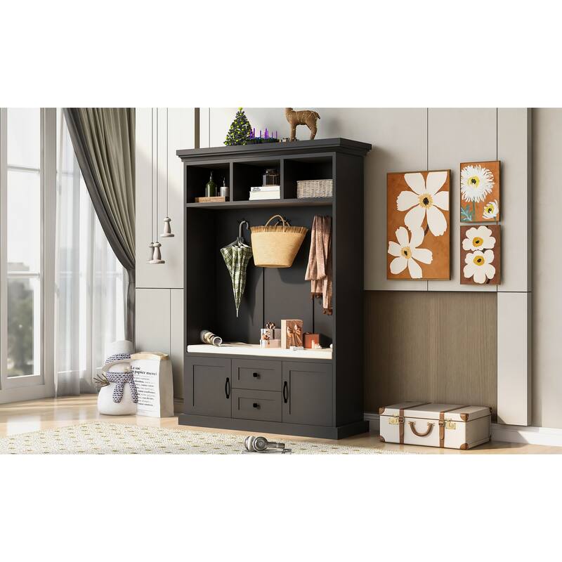 Hall Tree with 3 Hooks，Coat Hanger, Entryway Bench,Storage Bench, 3-in-1 Design,47.2INCH,for Entrance,Hallway