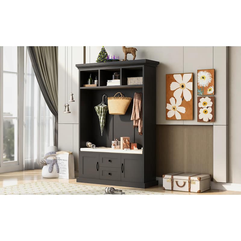 Multi-Functional Hall Tree with Coat Rack, Storage Bench, Shelves, and Drawers for Entryway Storage