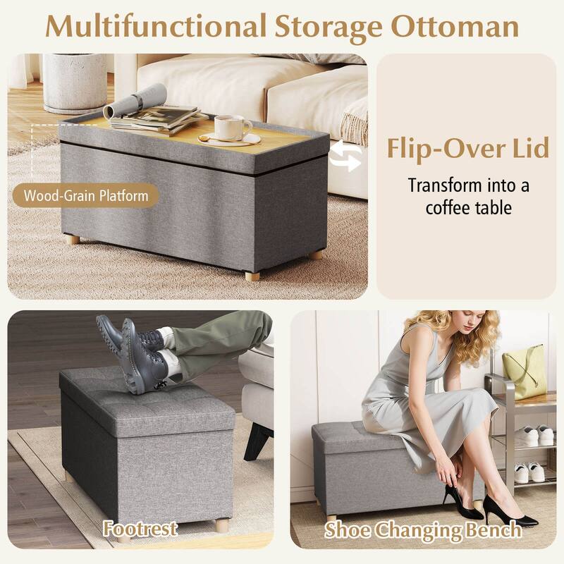 Costway 1/2 PCS 30” Storage Ottoman Bench with Tray Rubber Wood Legs