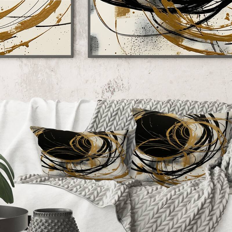 Designart "Black And Gold The Art Of Chaos V" Abstract Painting Printed Throw Pillow