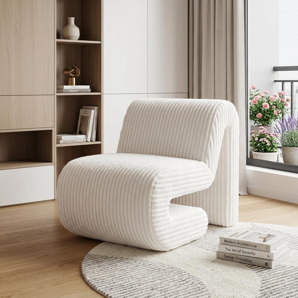 HomeRoots 26" White Corduroy And Upholstered Lounge Chair - 26.40 in. x 27.60 in. x 37.00 in.