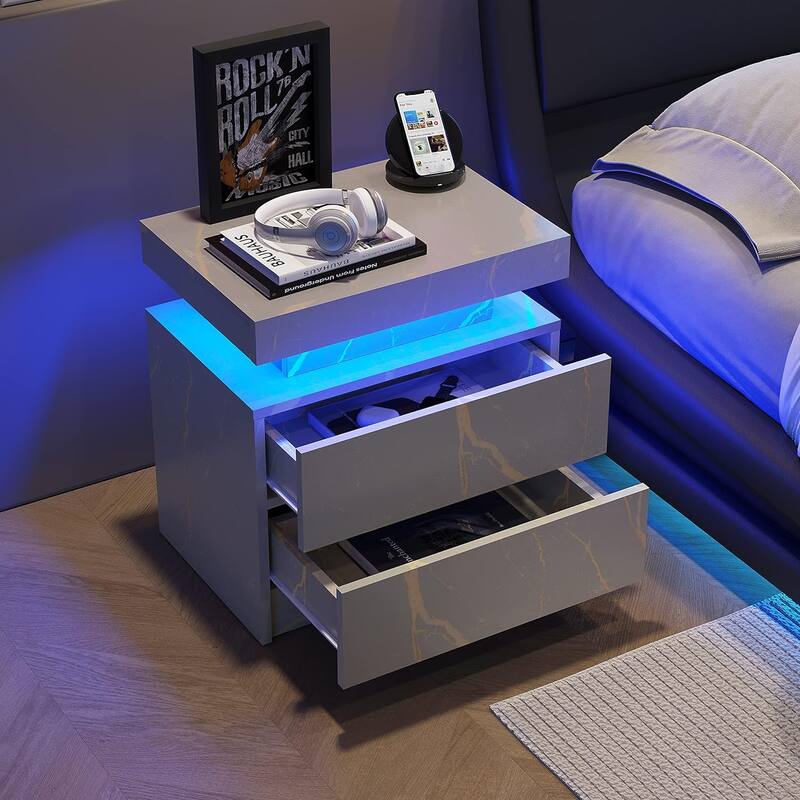 LED Nightstand with 2 Drawers for Bedroom