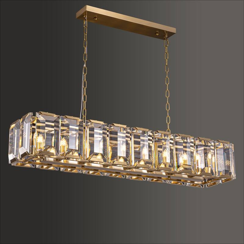 48 in. Gold Modern Crystal Chandelier 18-Light Rectangular Water Ripple Glass Chandeliers for Dining Room - Gold Chandelier