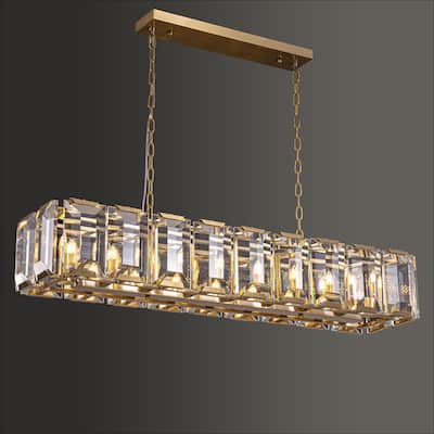 48 in. Gold Modern Crystal Chandelier 18-Light Rectangular Water Ripple Glass Chandeliers for Dining Room