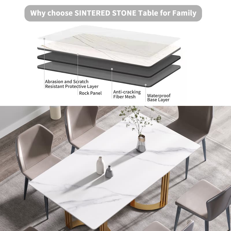 63"Modern artificial stone white straight edge metal leg dining table -6 people