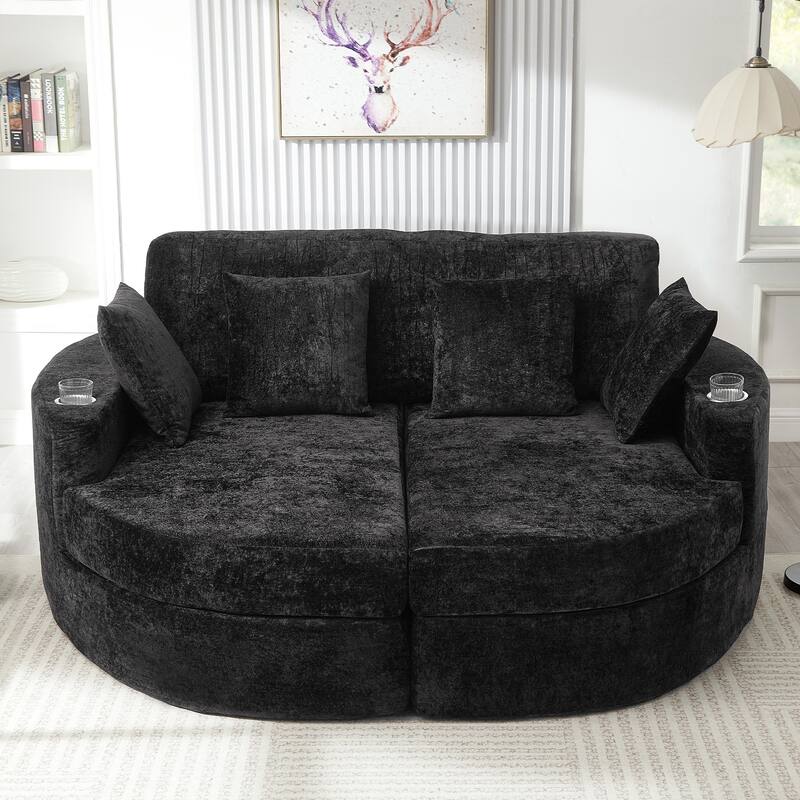 Roomfitters Curved Chaise Lounge Sofa 80" Upholstered Sofa Bed with Cup Holders, Modern Oversized Comfy Couch for Living Room