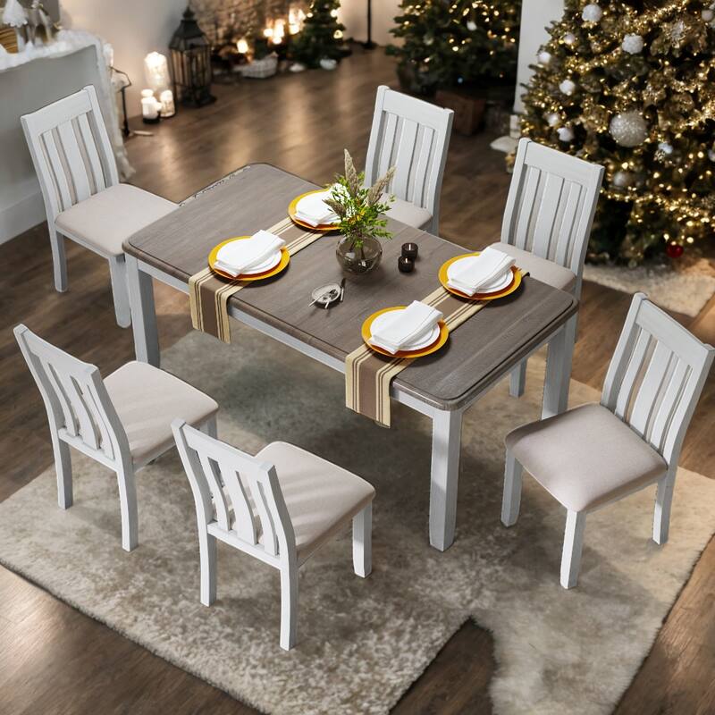 Retro Style 7-Piece Dining Table Set with Extendable Table and 6 Upholstered Chairs - Brown