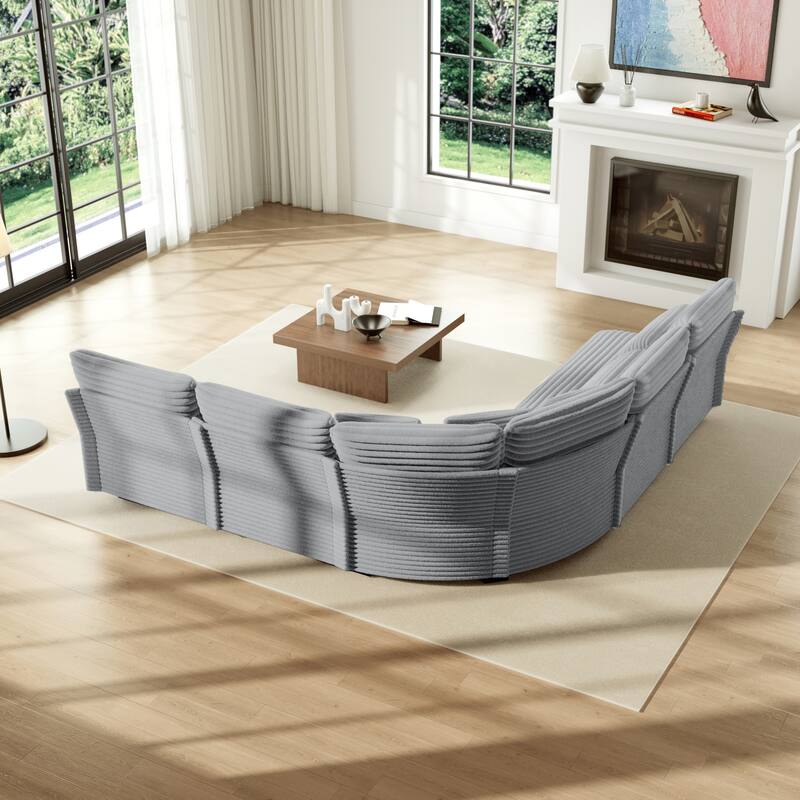 5-Seater L-Shaped Sectional Sofa with Curved Corner - Plush Corduroy Fabric, 7 Pillows (3 Throw + 4 Lumbar)
