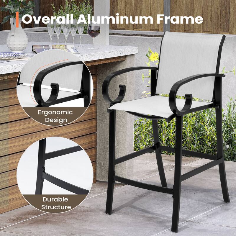Outdoor Patio Aluminum BarStools Dining Armrest Chairs with Sunbrella Fabric