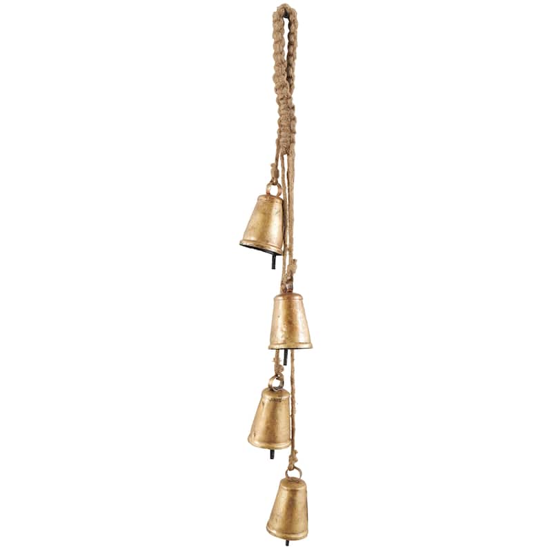 Gold Metal Tibetan Inspired Decorative Cow Bell with Jute Hanging Rope