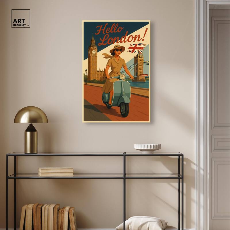 Scooter English Travel Canvas by Art Remedy, Gallery Wrapped