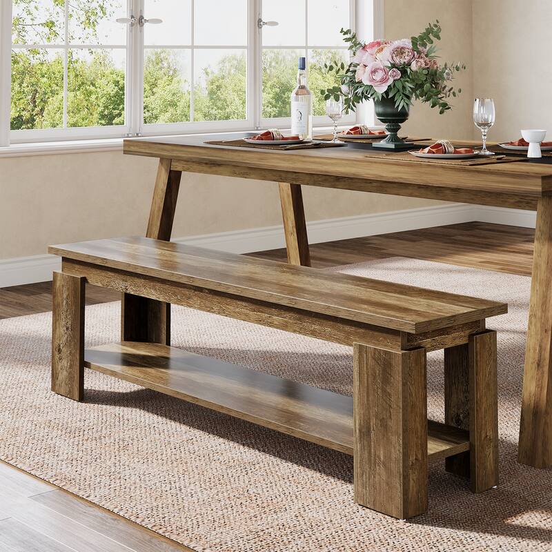 63-Inch Dining Bench for 2-3, Farmhouse Wooden Bench with Storage Shelf for Kitchen & Dining Room