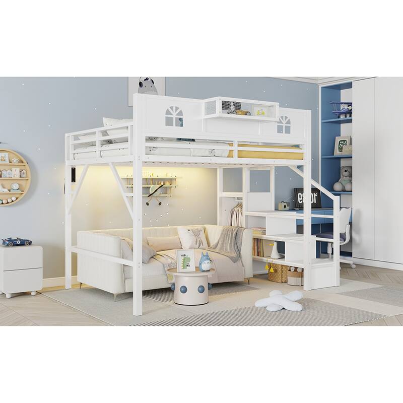 Roomfitters Full/Queen Metal Loft Platform Bed, Staircase Wardrobe and LED Charging Station with House Guardrails for Bedrooms