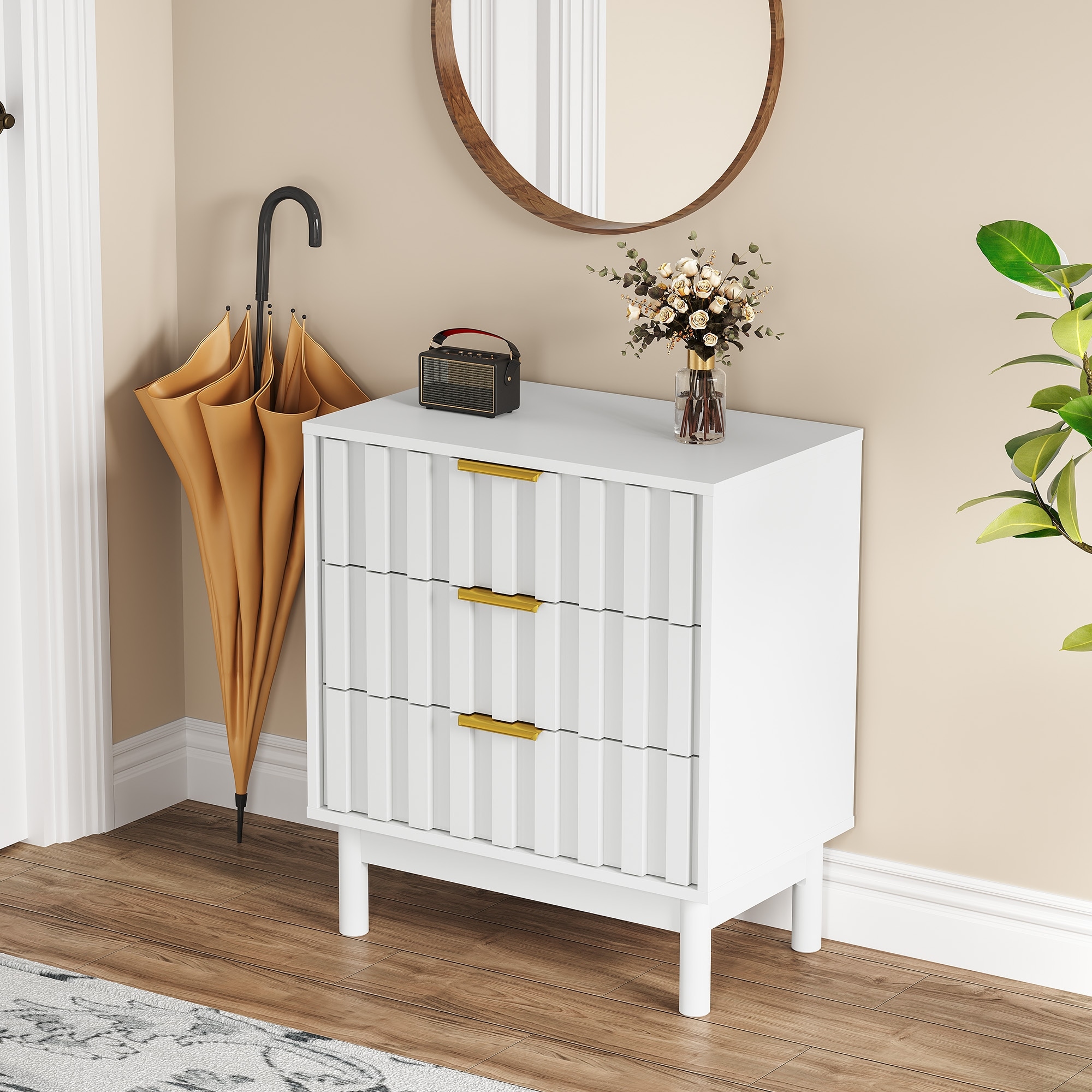 3 Drawer Dresser with Fluted Panel Design, Modern Wood Chest of Drawers with Chic Edge Pull, Large Nightstand Side Table