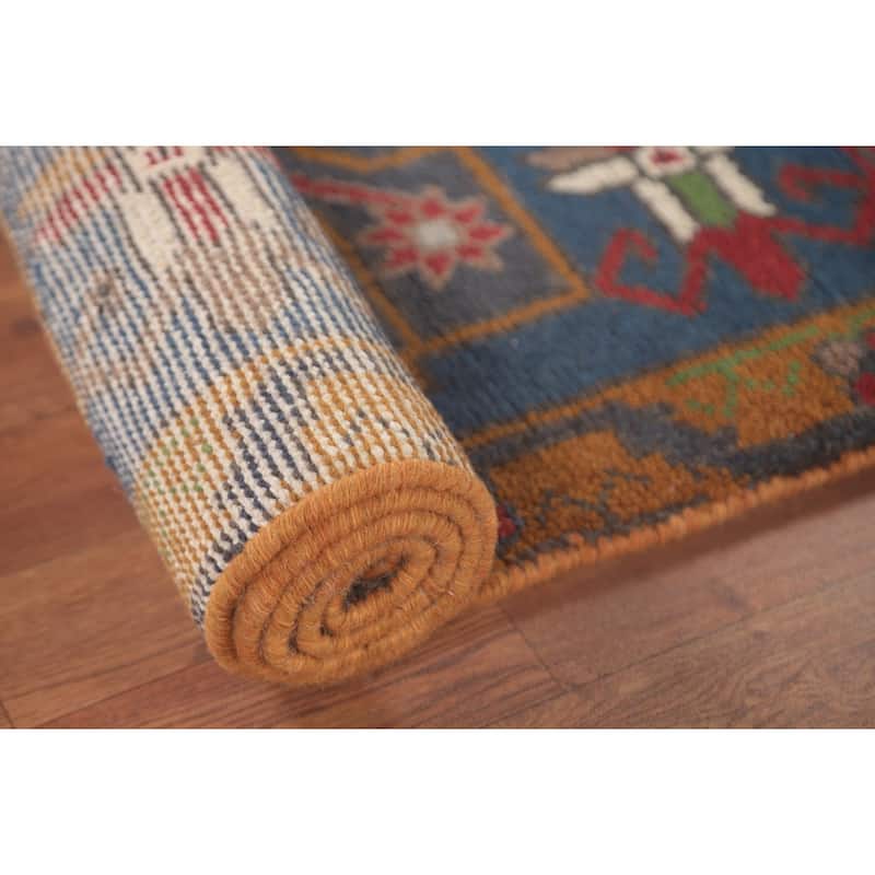 Blue Geometric Heriz Serapi Oriental Runner Rug Handmade Wool Carpet - 2'7"x 7'10"