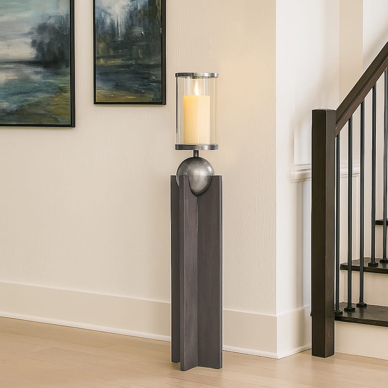 Candle Holder - Gray Wood Pillar with Metal Sphere