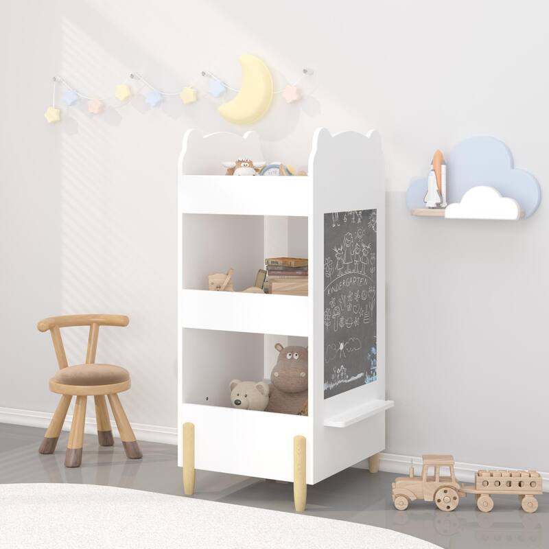 Kids Bookshelf Chalkboard Side Bear Shaped Wooden Bookcase 3 Tier Storage Drawing Board Toy Book Organizer Playroom Bedroom - White