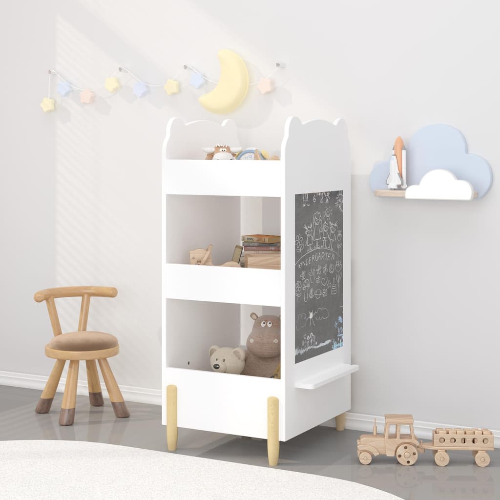 Kids Bookshelf Chalkboard Side Bear Shaped Wooden Bookcase 3 Tier Storage Drawing Board Toy Book Organizer Playroom Bedroom