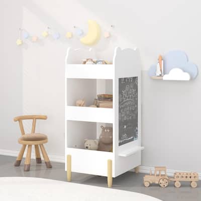 Kids Bookshelf With Chalkboard Side-Bear-Shaped Wooden Bookcase With 3-Tier Storage,Drawing Board For Toddlers,Toy And Book
