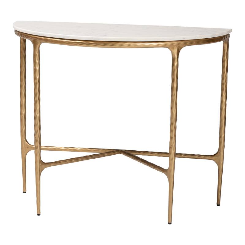 Akanji Marble Console Table - Modern Rustic Accent Table with Hand-Forged Metal Frame and Half-Moon Tabletop - Marble White, Gold