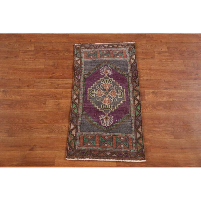 Hand Knotted Oriental 100% Wool Carpet Transitional Medallion Purples Anatolian Area Rug - 2' 10'' X 1' 6''