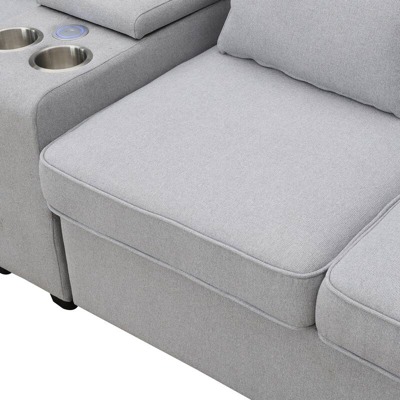 114.2" Straight Row Sectional Sofa with Console, 2 USB Ports & 4 Pillows, Wired or Wirelessly Charged Couches Loveseat