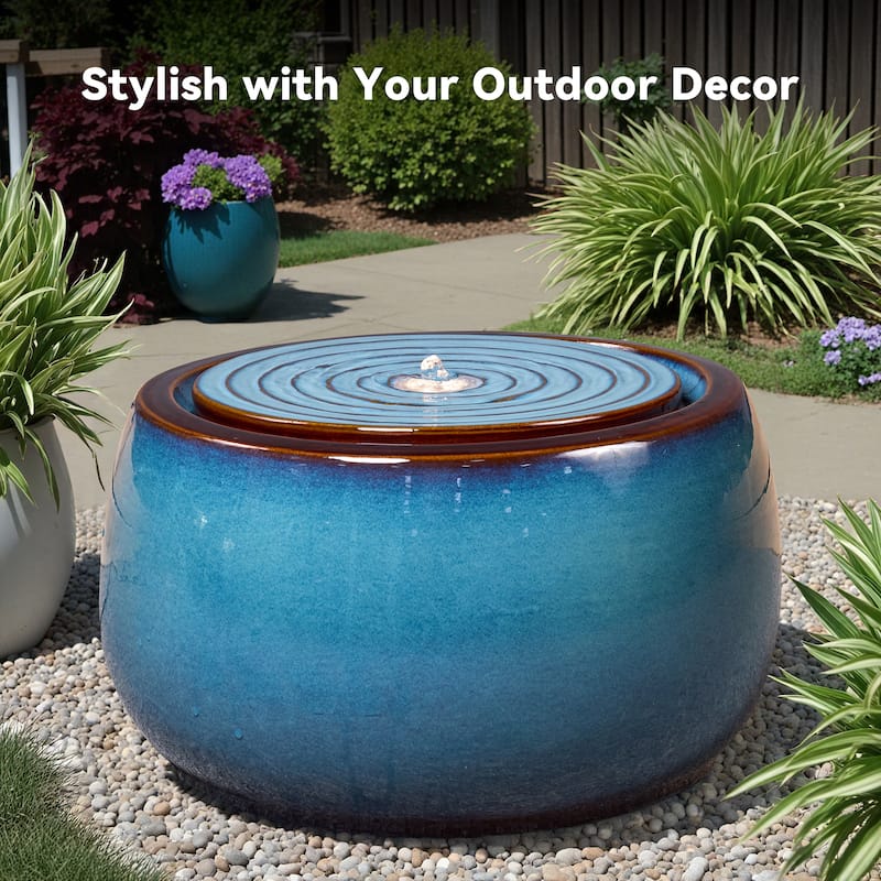 Round Blue Ceramic Water Floor Fountain with LED Light and Pump