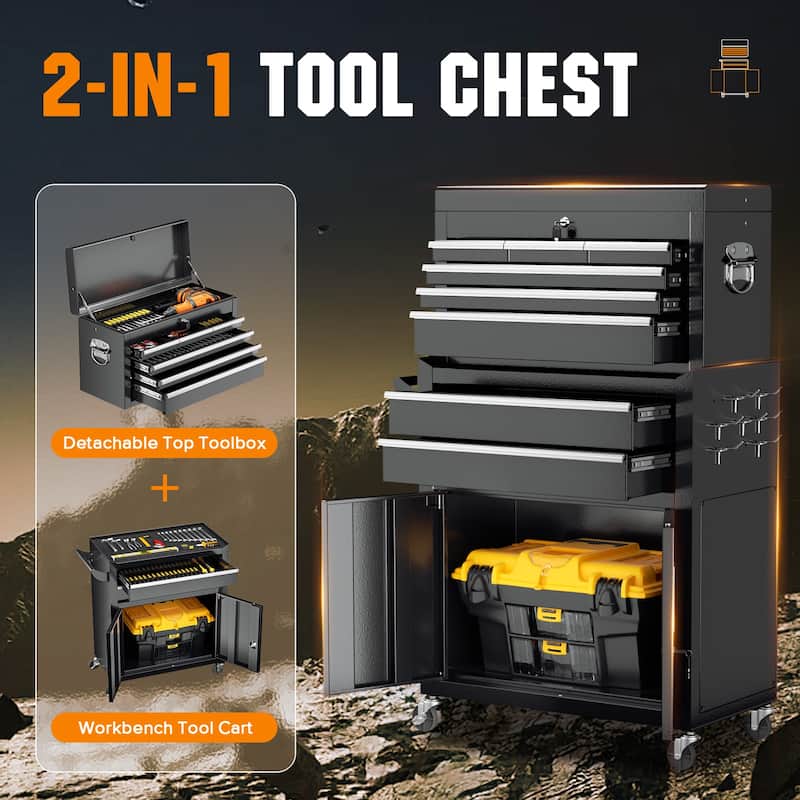 8-Drawer 2 in 1 Rolling Tool Chest Cabinet Garage Storage Toolbox with Detachable Top Tool Box and Universal Lockable Wheels