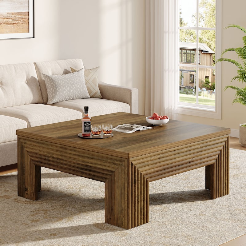 39.4" Square Coffee Table for Living Room, Farmhouse Wood Center Table - 39.4" D x 39.4" W x 17.72" H -  Rustic Brown