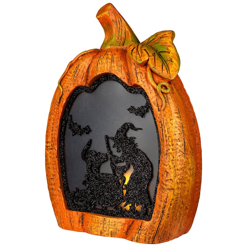 Witch Stirring Flickering Cauldron Scene Inside Pumpkin Halloween Decoration - 13" - LED Orange Light