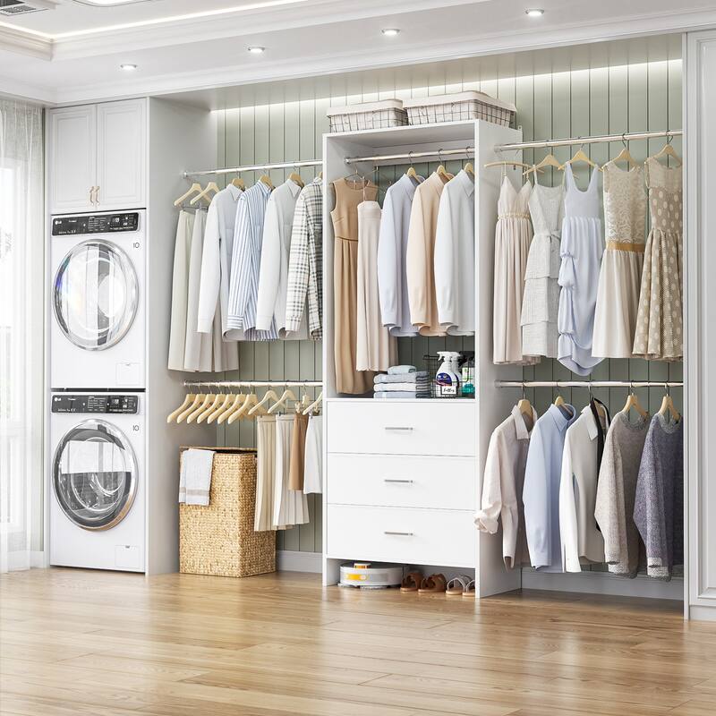 Cimly 118'' Closet Organizer with 3 Wooden Drawers, Adjustable Closet System with 5 Hanging Rods