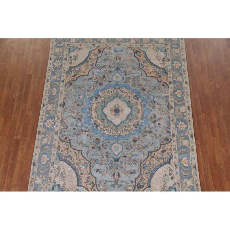 Hand Knotted Oriental 100% Wool Carpet Traditional Floral Navy Blue & Blues Tabriz Area Rug - 9' 4'' X 6' 5''