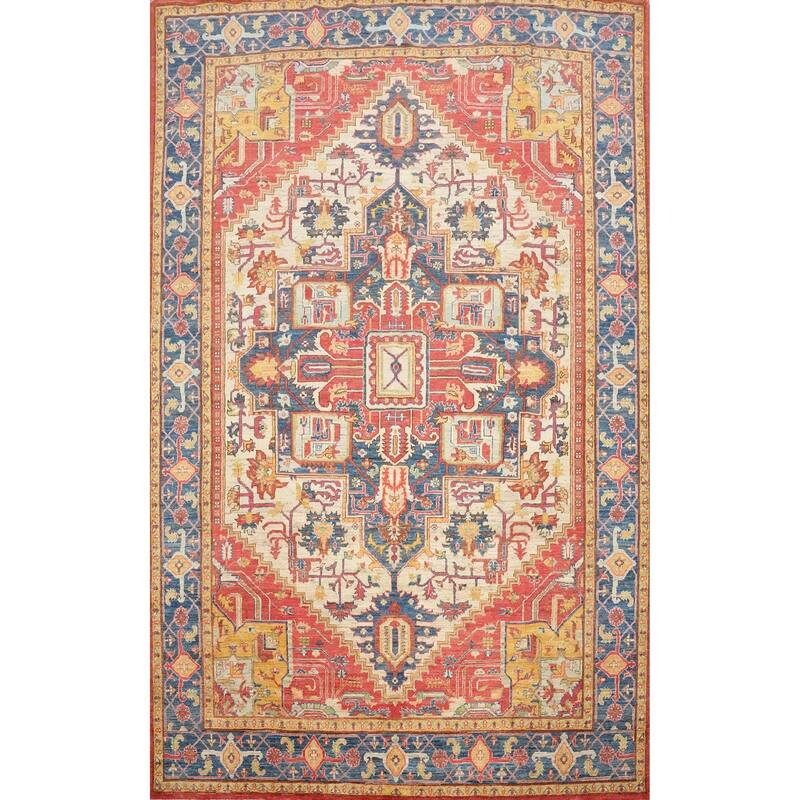 Hand Knotted Oriental 100% Wool Carpet Traditional Medallion Beige & Ivories Heriz (serapi) Area Rug - 10' 0'' X 7' 8''