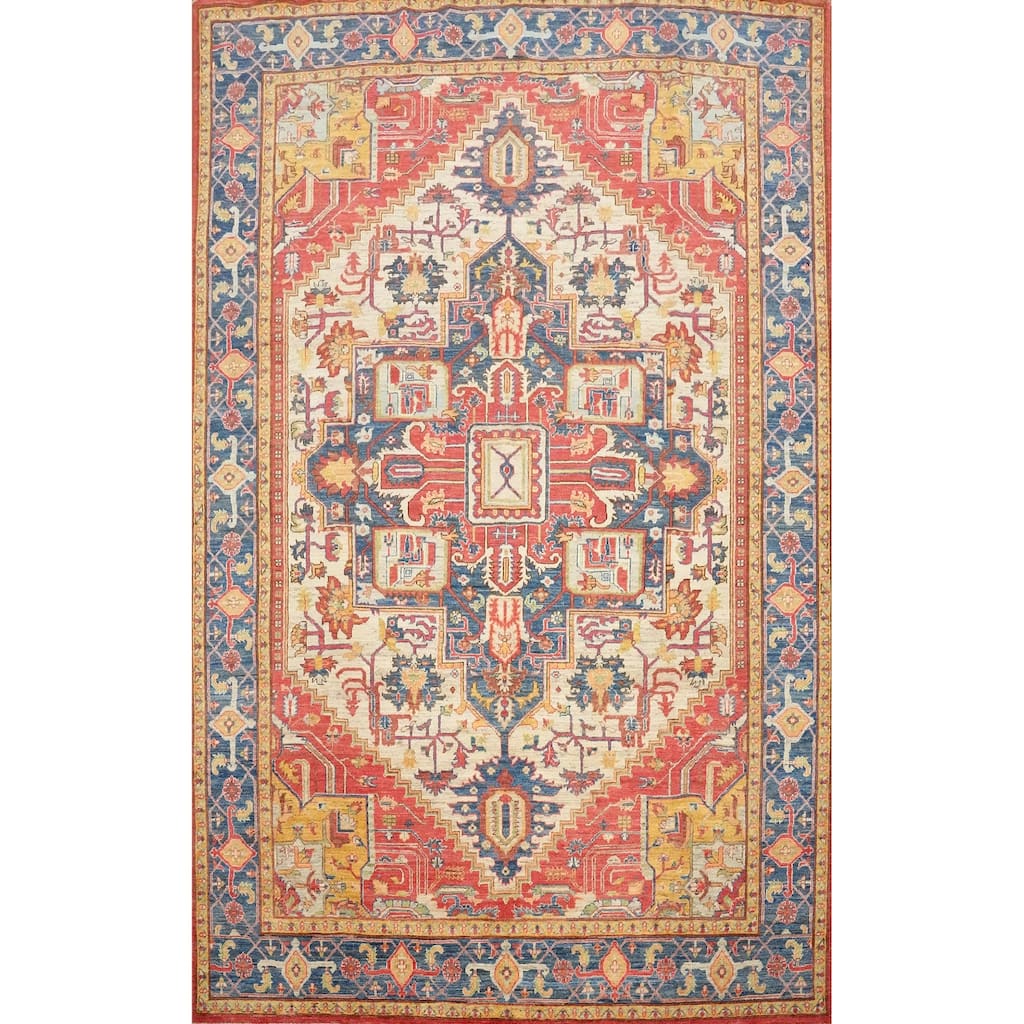 Hand Knotted Oriental 100% Wool Carpet Traditional Medallion Beige & Ivories Heriz (serapi) Area Rug - 10' 0'' X 7' 8''