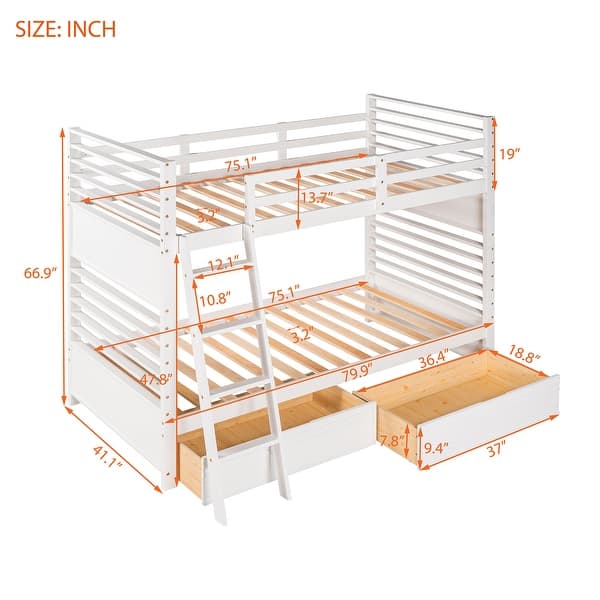dimension image slide 2 of 3, Sturdy Twin Bunk Bed with Storage Drawers, Guardrails, and Convertible Option