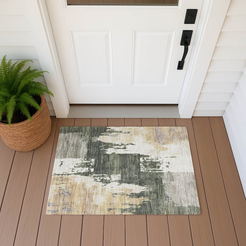 Machine Washable Indoor/ Outdoor Contemporary Fusion Chantille Rug - Olive - 1'8" x 2'6"