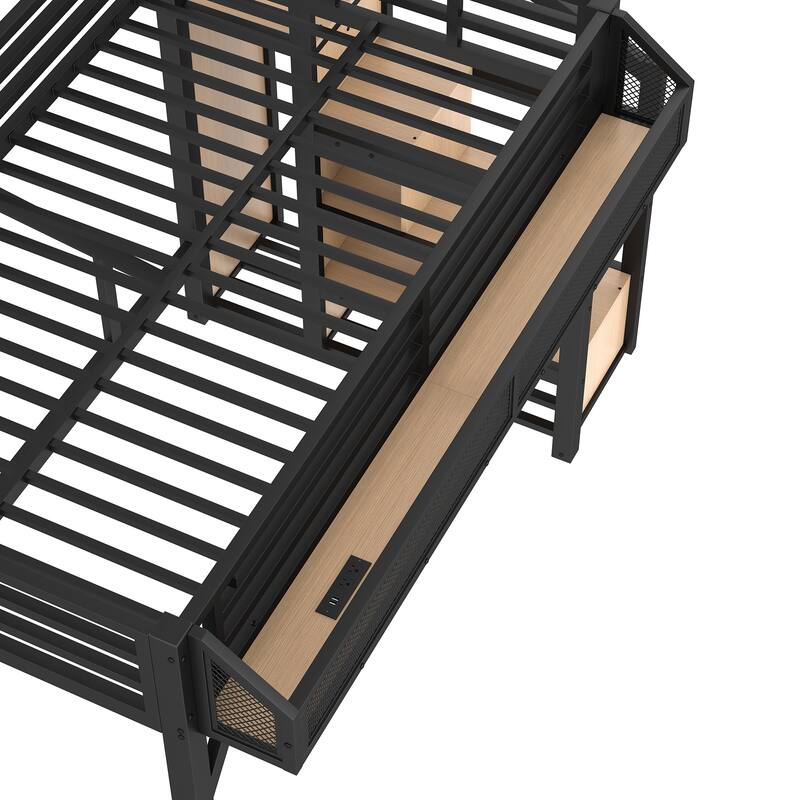 Noise-reduced Design Metal Loft Bed Frame with Storage Stairs, Shelves, Built-in Wardrobe, Light Strip and Charging Station