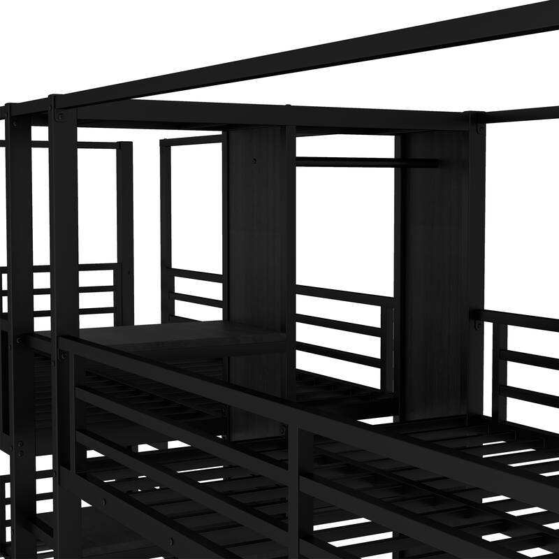 Quadruple Metal Bunk Bed with Built-in Storage Shelves & Wardrobe, Sturdy Black Frame