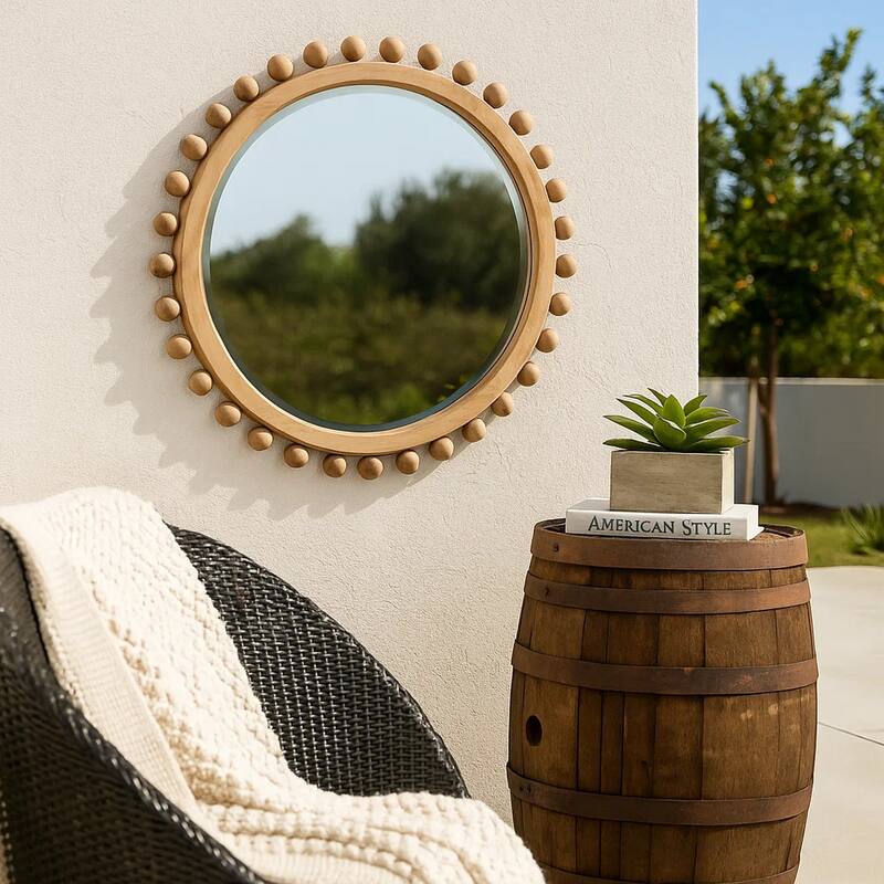 Mirror with Spherical Beads Accent and Wooden Frame, Brown