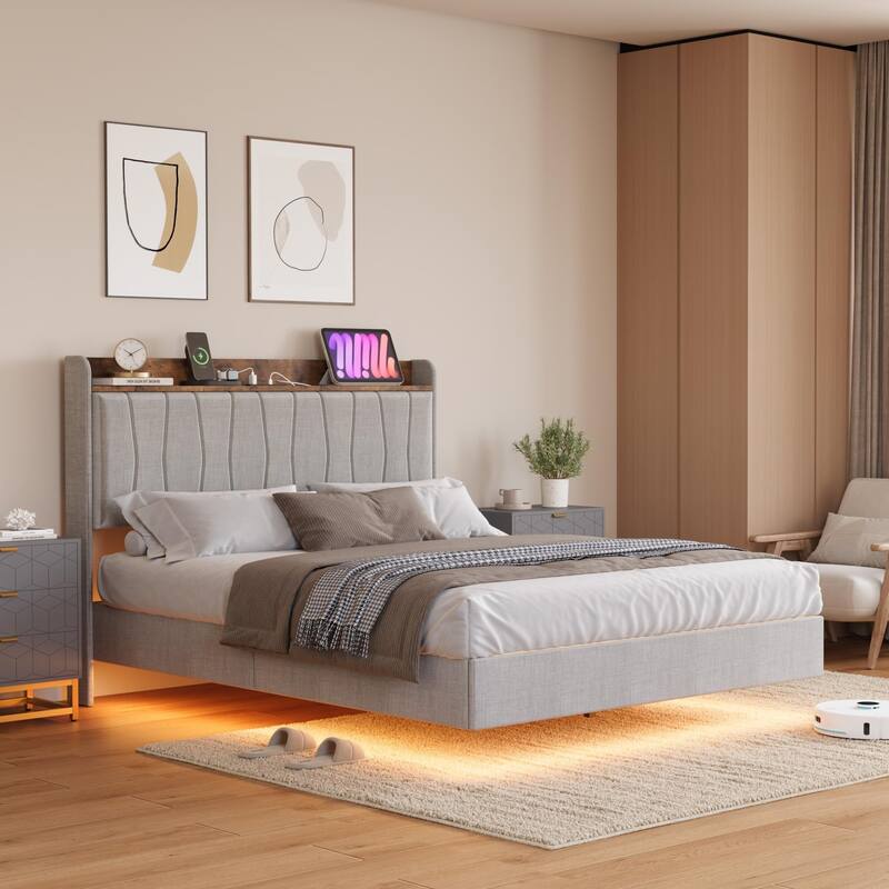 Full/Queen/King Floating Bed Frame with LED Lights & Charging Station, Upholstered Platform Bed with Storage Headboard