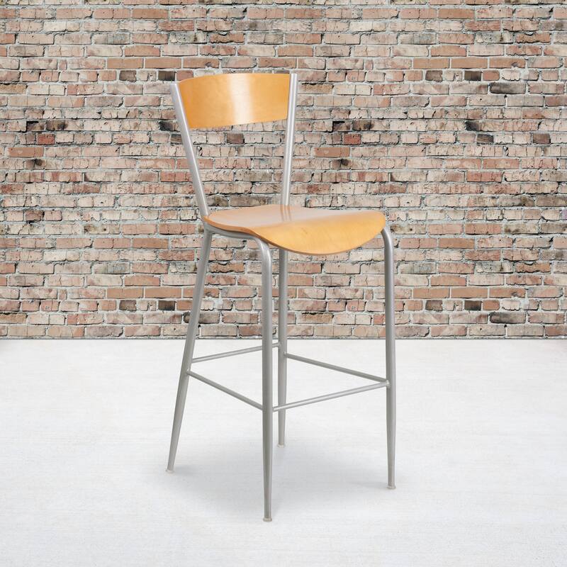 Metal Restaurant Barstool - Wood Back & Seat - 16.5"W x 21.5"D x 43"H - 16.5"W x 21.5"D x 43"H