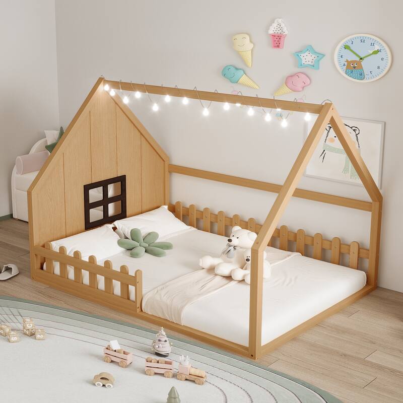Full Size Wooden House Bed with Fence, Window, LED Lights, and Playful Design for Kids' Bedroom, No Box Spring Required