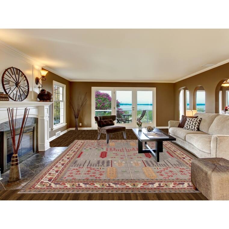 Grey Traditional Kazak Rug Hand-Knotted Wool Carpet - 9'7" x 13'2"