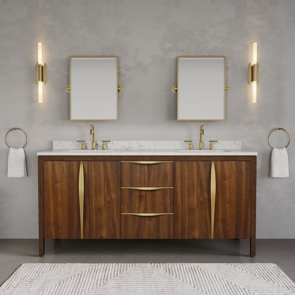 Ferrero 72 in. Double Sinks Carrara White Marble Bath Vanity in Noir Juglans with Satin Gold Hardware