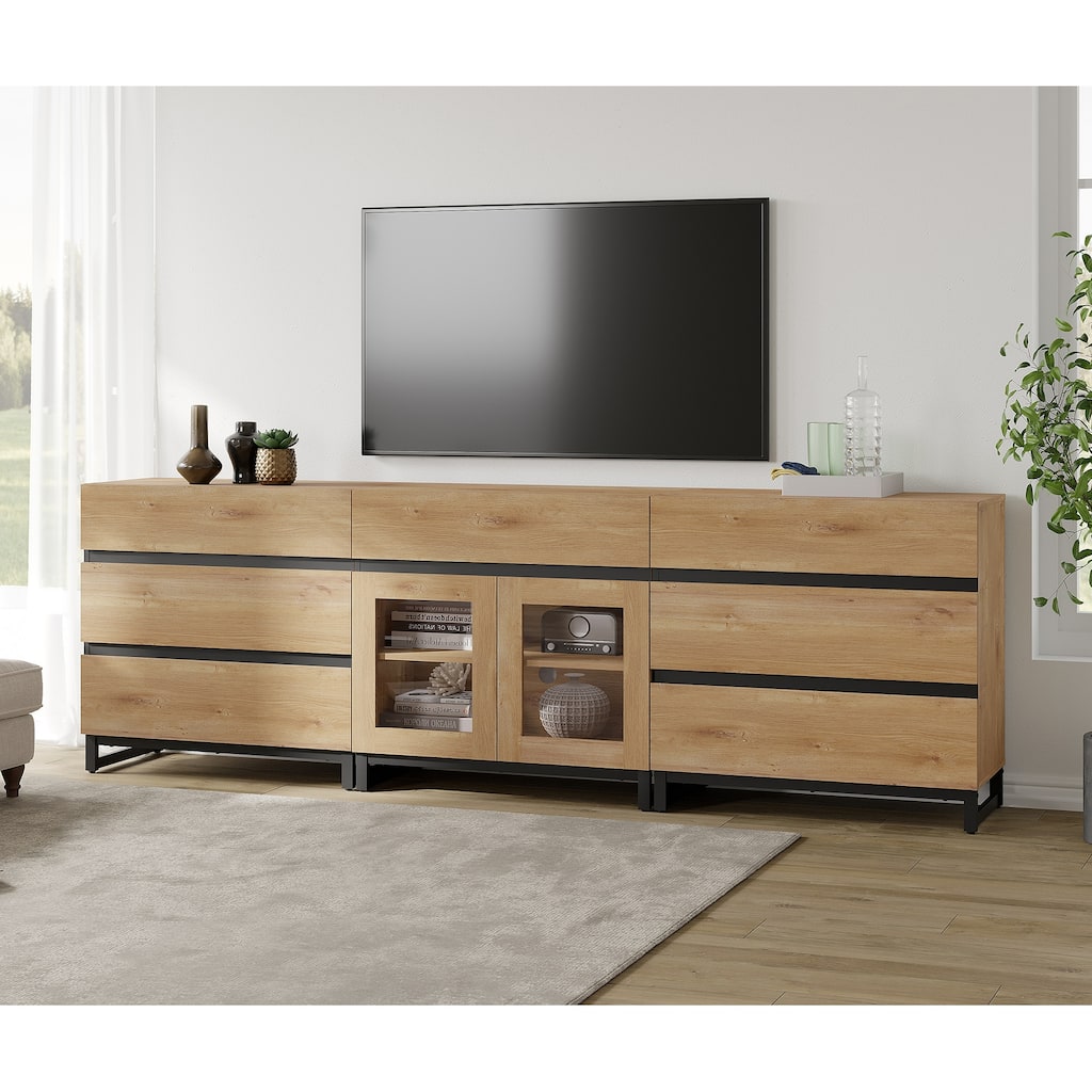 Modern TV Stand for Tvs Up to 100 Inch, 3 In 1 TV Console with Glass Doors and 7 Drawers for Living Room