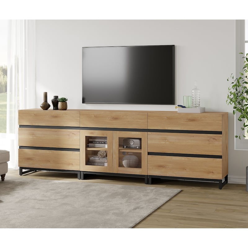 Modern TV Stand for Tvs Up to 100 Inch, 3 In 1 TV Console with Glass Doors and 7 Drawers for Living Room, Bedroom - 94.5 inches - Oak