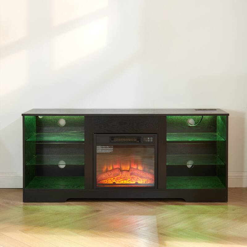 57.87" Electric Fireplace TV Stand with Glass Shelves, LED Lights, and USB Charging Outlet for TVs Up to 50"